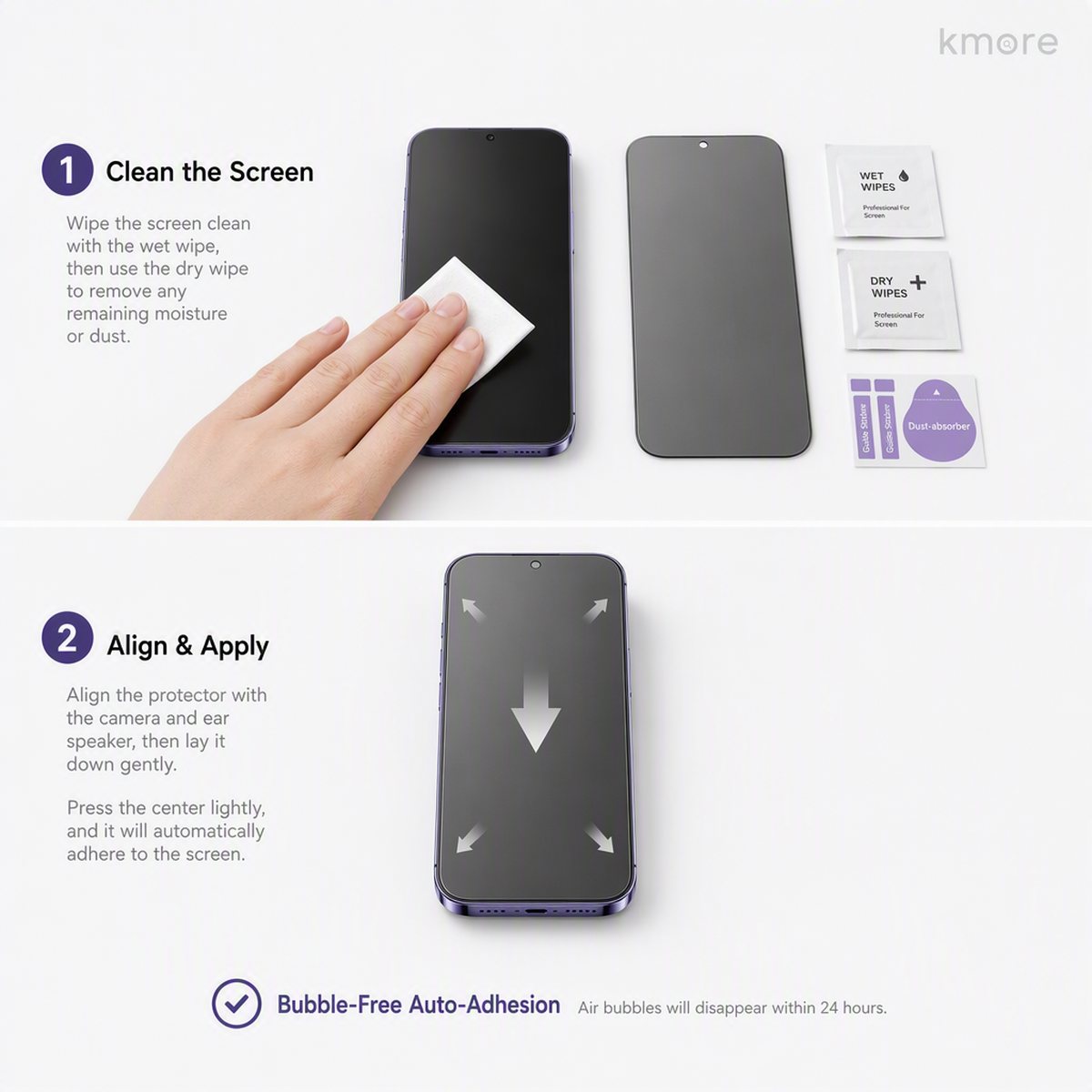 kmore screen protector installation in 3 steps - clean, align, press