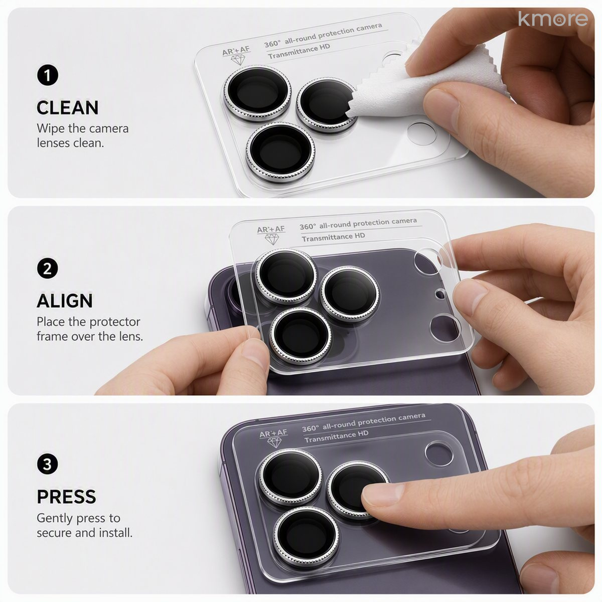 kmore camera lens protector installation in 3 steps - clean, align, press