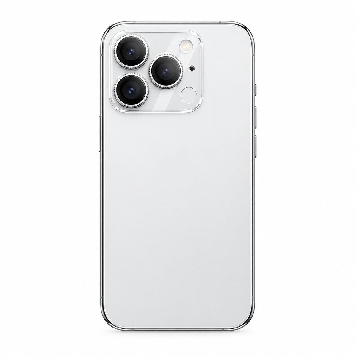 kmore camera lens protector mounted on a single white phone, rear view