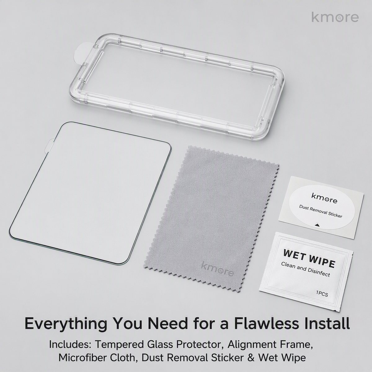 kmore tempered glass screen protector installation kit - wet wipe, microfiber cloth, dust sticker, aligner
