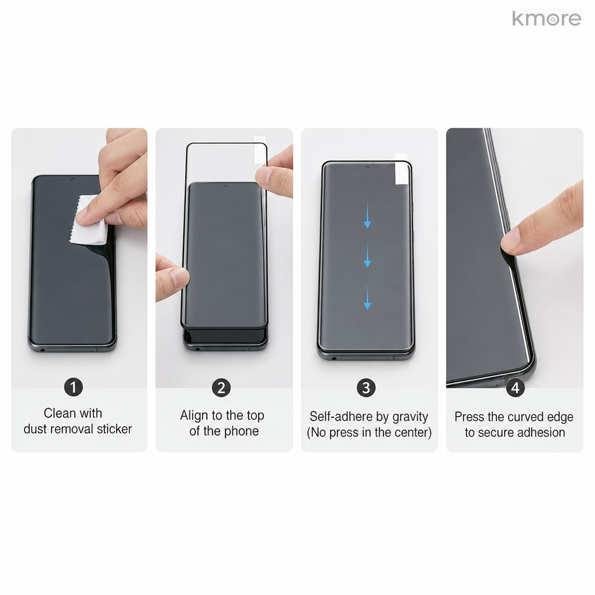 安装四步:除尘 · 对准 · 重力吸附 · 边缘压实 four step installation of Huawei Mate 70 Pro curved screen film
