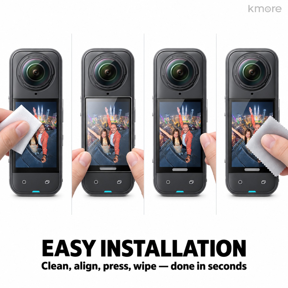 Installation in four steps: clean, align, press, wipe four step installation clean align press wipe for Insta360 X5 screen film
