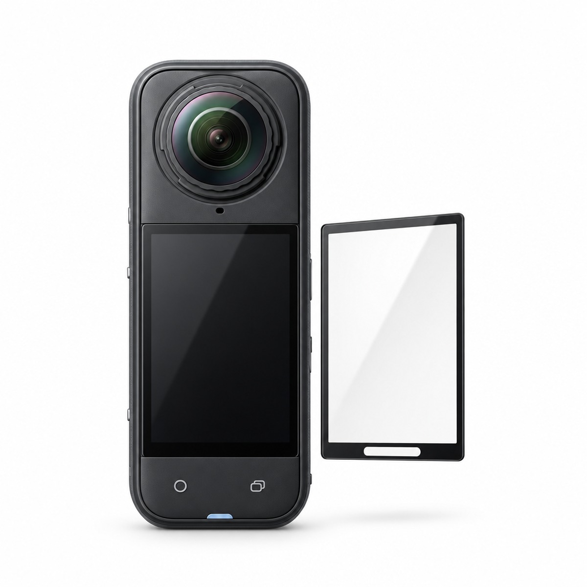 Insta360 X5 action camera and curved tempered glass film separated on white background