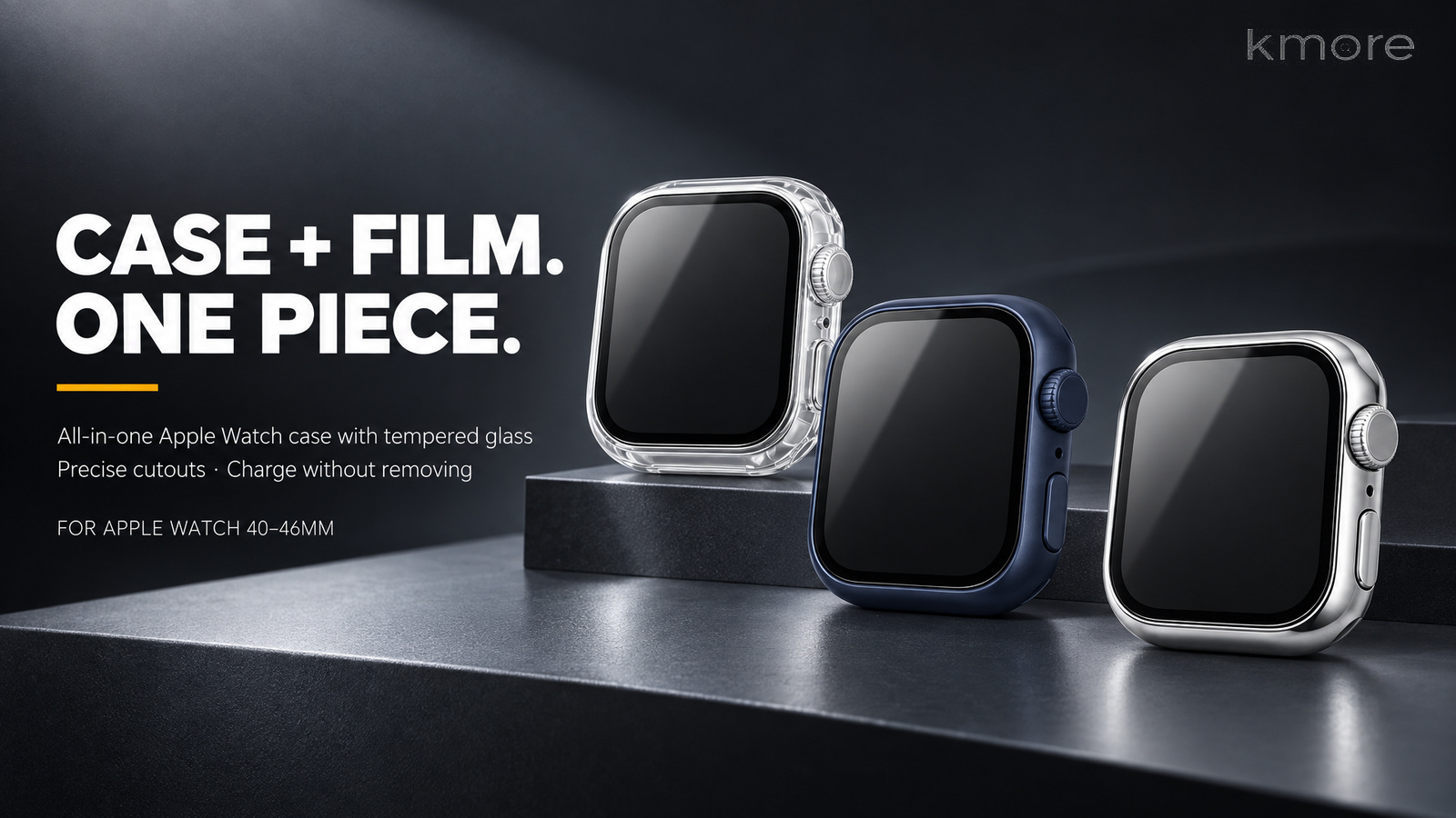 kmore 2-in-1 Apple Watch case — clear, midnight blue and bright silver key visual