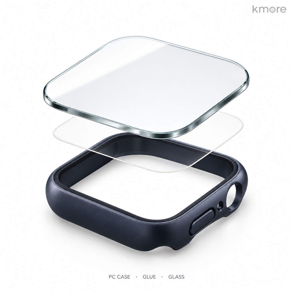kmore Apple Watch case — exploded view of the PC shell, adhesive layer and tempered glass