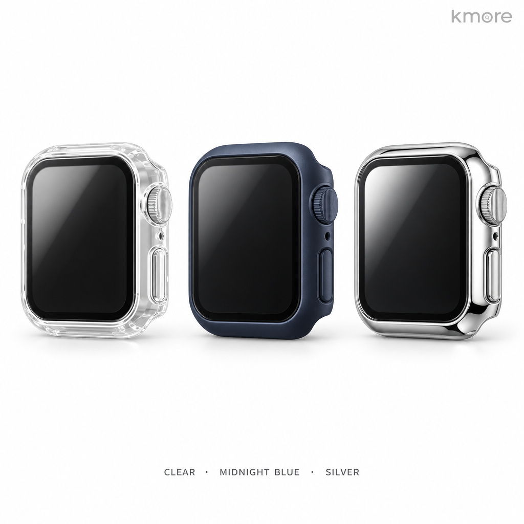kmore Apple Watch case — clear, painted midnight blue and electroplated silver finishes, detail view