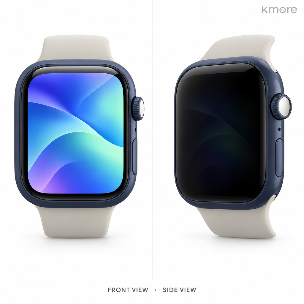 kmore midnight blue Apple Watch case with the privacy screen — clear head-on, dark from the side