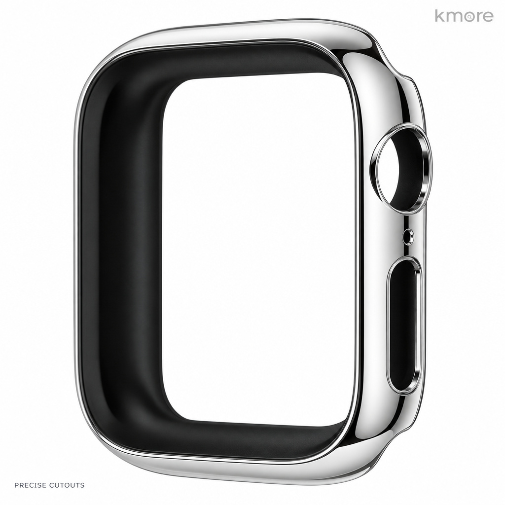 kmore bright silver Apple Watch case — precision cutouts for the crown, speaker and side button
