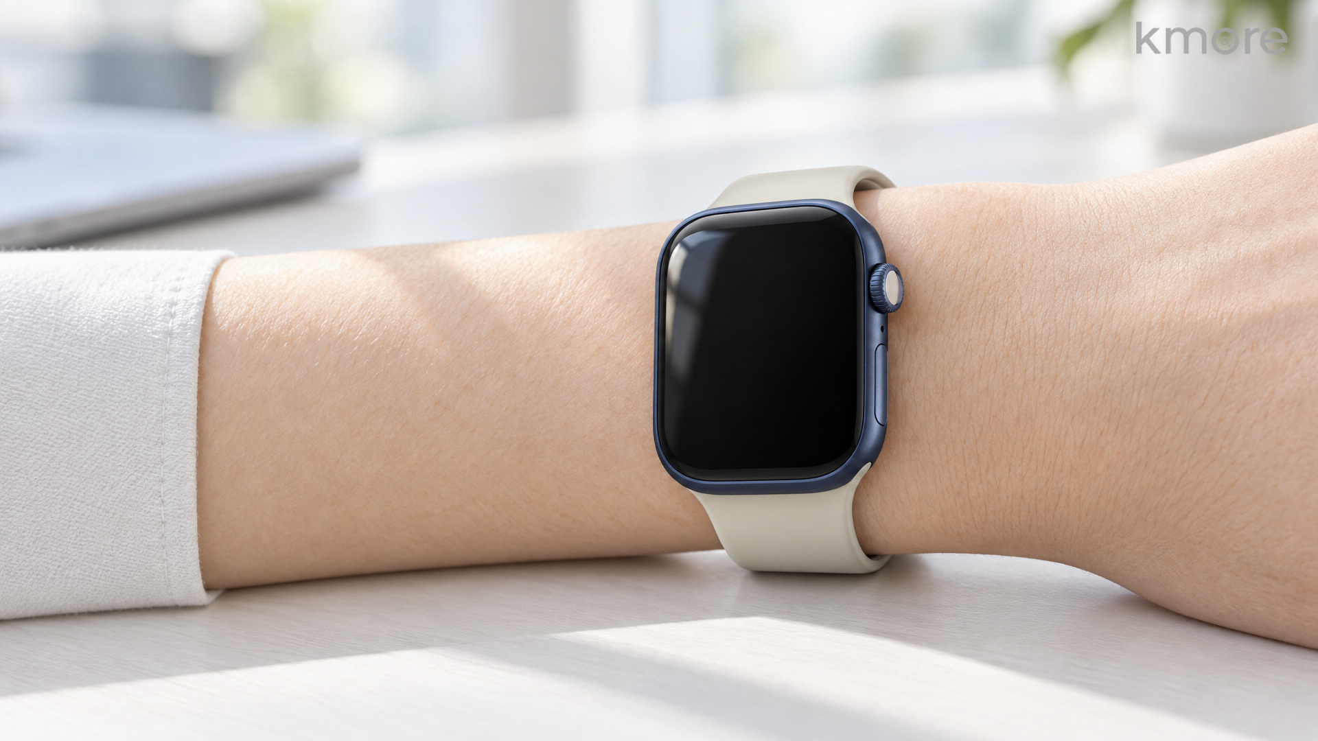 kmore midnight blue Apple Watch case worn on a business commute