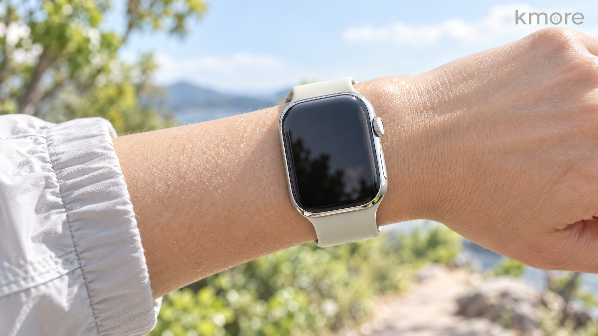 kmore bright silver Apple Watch case worn outdoors