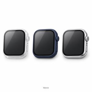 kmore 2-in-1 Apple Watch case, 46mm — clear, midnight blue and bright silver, three-quarter view on white