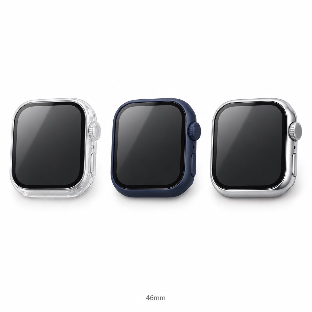 kmore 2-in-1 Apple Watch case, 46mm — clear, midnight blue and bright silver, three-quarter view on white