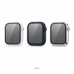 kmore 2-in-1 Apple Watch case, 40mm — clear, midnight blue and bright silver, front view on white