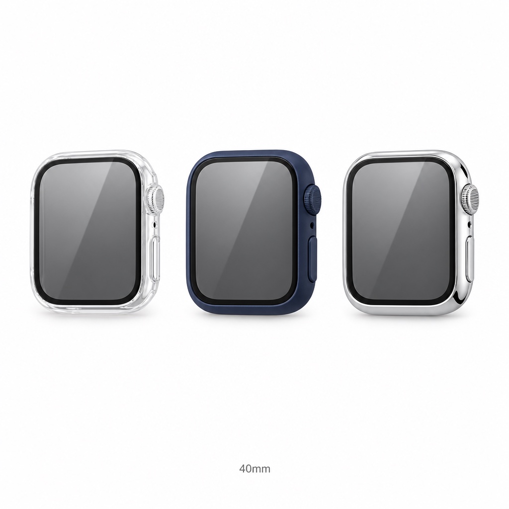 kmore 2-in-1 Apple Watch case, 40mm — clear, midnight blue and bright silver, front view on white