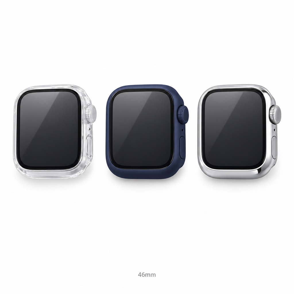kmore 2-in-1 Apple Watch case, 46mm — three colours, front view on white