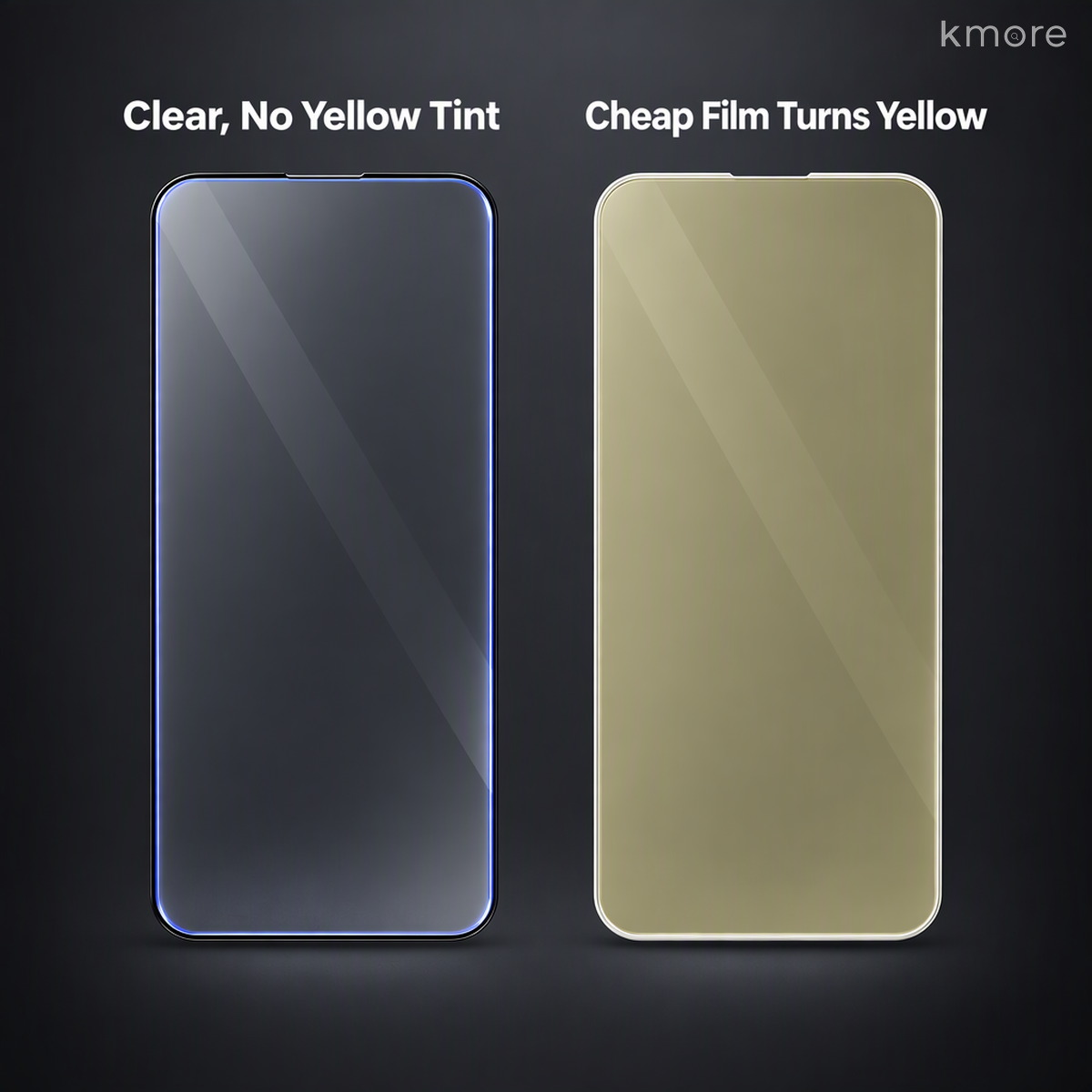 Clear film with no yellow tint vs cheap film that turns yellow clear no yellow tint anti blue light tempered glass film compared with cheap yellow tinted film